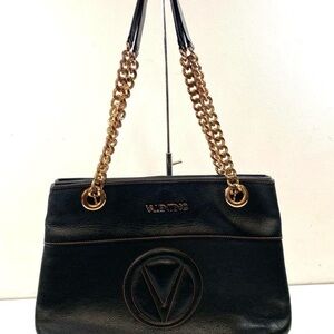 Mario Valentino Black Leather Shoulder Bag With Gold Chain